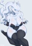 absurd_res anthro armwear big_breasts blue_eyes breasts buransan cleavage clothed clothing dragon female fur generation_5_pokemon hi_res huge_breasts legendary_pokemon legwear looking_at_viewer nintendo pokemon pokemon_(species) reshiram simple_background solo stockings tail thick_thighs white_body white_fur