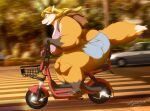 2021 anthro artist_name backpack bicycle big_breasts blonde_hair bottomwear breasts canid canine car clothing ebike female footwear fox hair mammal michelle_(xxsparcoxx) open_mouth overweight overweight_anthro overweight_female road sandals shorts solo thick_thighs topwear vehicle xxsparcoxx