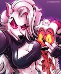  anthro blush breasts canid canid_demon clothed clothing demon duo female fur hellhound helluva_boss hi_res horn humanoid imp infidelity interspecies kiss_mark looking_at_viewer loona_(helluva_boss) male male/female mammal moxxie_(helluva_boss) open_mouth partially_clothed simple_background smile teeth thedarkzircon white_body white_fur yellow_eyes 