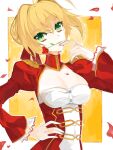  1girl ahoge artoria_pendragon_(fate) bad_drawr_id bad_id blonde_hair border cleavage_cutout closed_mouth clothing_cutout corset dress falling_petals fate/extra fate_(series) flower green_eyes hair_bun hand_on_own_hip hand_up head_tilt juliet_sleeves kakaaru long_sleeves looking_at_viewer mouth_hold nero_claudius_(fate) nero_claudius_(fate/extra) oekaki outside_border petals puffy_sleeves red_dress red_flower saber_(fate) short_hair sidelocks solo upper_body white_border yellow_background 