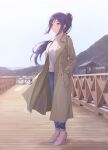  1girl blue_hair blue_pants brown_coat closed_mouth coat commentary_request day denim full_body hands_in_pockets high_heels highres jeans lake long_coat long_hair long_sleeves looking_ahead love_live! love_live!_sunshine!! matsuura_kanan mountainous_horizon outdoors pants ponytail purple_eyes ribbed_sweater shamakho sky smile solo standing sweater white_sweater wooden_bridge 