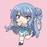  1girl a_attoo black_footwear blue_bow blue_eyes blue_hair blue_shirt blush_stickers bow bread bread_slice chibi flying_sweatdrops food food_in_mouth grey_jacket hair_between_eyes hand_up holding_own_foot hololive hoshimachi_suisei hoshimachi_suisei_(school_uniform) jacket kyu-kurarin_(cevio) long_hair looking_at_viewer motion_lines mouth_hold official_alternate_costume pink_background pink_hair pose_imitation sailor_collar shirt simple_background skirt socks solo song_name star_(symbol) star_in_eye symbol_in_eye toast toast_in_mouth translated virtual_youtuber white_sailor_collar white_skirt white_socks 