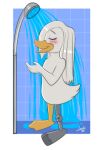 amputee anatid anseriform anthro avian bathing bird della_duck disability disney duck ducktales ducktales_(2017) feathers female hair hi_res long_hair lunula_(artist) missing_leg nude open_mouth open_smile prosthetic prosthetic_leg prosthetic_limb relaxing showering smile solo tasteful_nudity wet wet_body wet_feathers wet_hair