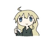  1girl ahoge blonde_hair blue_eyes closed_mouth green_shirt hand_up long_hair long_sleeves looking_at_viewer lowres shirt shoujo_shuumatsu_ryokou simple_background smile solo tareme thumbs_up transparent_background tsukumizu_yuu upper_body yuuri_(shoujo_shuumatsu_ryokou) 