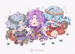  1girl 2boys :o aqua_eyes aqua_hair artist_name bouquet brown_bag chibi circlet closed_eyes commentary eirika_(fire_emblem) ephraim_(fire_emblem) fire_emblem fire_emblem:_the_sacred_stones head_wreath heart highres holding holding_bouquet holding_hands long_hair lyon_(fire_emblem) medium_hair multiple_boys open_mouth purple_hair remitoffee simple_background smile thick_eyebrows twitter_username white_background 