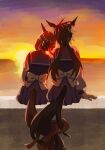  2girls air_shakur_(umamusume) animal_ears black_hair bow brown_hair fine_motion_(umamusume) from_behind hair_bun horizon horse_ears horse_girl horse_tail intertwined_tails kii_(tcw10310301) leaning_on_person long_hair long_sleeves multiple_girls outdoors purple_shirt purple_skirt sailor_collar school_uniform shirt short_hair sitting skirt sunset tail tail_through_clothes tracen_school_uniform umamusume white_bow 