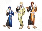  3boys :d :q alternate_costume aqua_eyes asa_no_ha_(pattern) astel_leda black_hair black_kimono blonde_hair blue_eyes blue_hair blue_kimono bottle collarbone copyright_notice food full_body geta grin hair_between_eyes hand_on_own_hip hand_up heterochromia holding holding_bottle holding_food holding_popsicle holostars japanese_clothes kimono kishido_temma long_sleeves looking_at_viewer male_focus milk_bottle mole mole_under_eye multicolored_hair multiple_boys nonomaro official_art open_hand orange_eyes orange_hair orange_kimono parted_bangs popsicle purple_eyes sample_watermark sash shippou_(pattern) short_hair smile standing streaked_hair striped_clothes striped_kimono suntempo swept_bangs takoyaki teeth tongue tongue_out towel towel_around_neck two-tone_kimono upper_teeth_only virtual_youtuber watermark wavy_hair white_background white_sash yellow_kimono yukata yukoku_roberu 