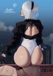  1boy 1girl 2b_(nier:automata) absurdres ass back_cutout bald black_hairband clothing_cutout doktor_malefic evening faceless faceless_male feather-trimmed_sleeves hairband highres leotard mole mole_under_mouth moon nier:automata nier_(series) nipples outdoors shiny_skin short_hair sitting sitting_on_face sitting_on_person thong_leotard white_hair white_leotard 