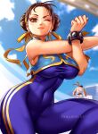  1girl bracelet brown_eyes brown_hair chun-li earrings enmanuelart20 eyeshadow highres jewelry lipgloss lipstick makeup one_eye_closed pink_lips red_eyeshadow solo street_fighter 