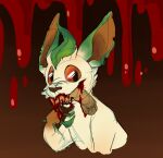 2019 ambiguous_gender blood bloodied_background bodily_fluids bust_portrait cannibalism eeveelution feral generation_4_pokemon gore hand_in_mouth healer_(straviios) hi_res kaiizree leaf leafeon looking_at_viewer missing_arm nintendo open_mouth pale_fur paws pokemon pokemon_(species) portrait red_eyes simple_background solo teeth