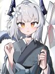  1girl :d absurdres arknights arrow_(projectile) black_choker blush bow choker collarbone flower flying_sweatdrops grey_bow grey_hair grey_kimono hair_flower hair_ornament hamaya hands_up highres holding holding_arrow horns japanese_clothes kimono liskarm_(arknights) long_sleeves looking_at_viewer obi orange_eyes ponytail sash smile solo spam_(spamham4506) sweat tail upper_body white_flower wide_sleeves 