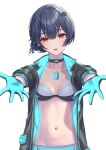  1girl absurdres bangs black_bra black_choker black_hair black_jacket blue_gloves bra breasts choker dog_tags gloves hair_ornament highres idolmaster idolmaster_shiny_colors jacket long_sleeves looking_at_viewer morino_rinze navel open_clothes open_jacket outstretched_arms red_eyes short_hair simoumi_217 simple_background smile solo stomach underwear upper_body white_background white_bra 