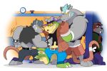  2022 3_toes 4_fingers alligator alligatorid anthro blue_hair bottomwear brok_(character) brok_the_investigator clothing cricetid crocodilian dart_(brok_the_investigator) feet fight fingers green_body grey_body group hair hi_res hikazedragon humanoid_hands male mammal murid murine muskrat pants rat reptile rodent scalie shirt slightly_chubby squealers_chief toes topwear tramp_(brok_the_investigator) video_games worried 