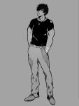  anime_style arm_wraps belt bottomwear clothing denim denim_clothing dog_tags dress_shoes fan_character greyscale hair hair_over_eye hand_in_pocket hi_res human jeans male mammal monochrome muscular muscular_arms one_eye_obstructed pants pockets solo spiky_hair torrent_j._braddock unknown_artist wraps 