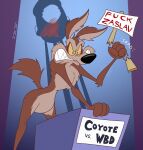 angry anthro canid canine canis coyote coyote_vs._acme fist gavanzude hi_res looney_tunes male mammal protest protest_sign sign solo warner_brothers wile_e._coyote