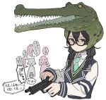  3girls animal_hat annoyed aqua_necktie beretta_92 black-framed_eyewear black_hair blue_jacket braid cevio crocodile crocodilian glasses green_eyes gun hanakuma_chifuyu handgun hat jacket koharu_rikka multiple_girls natsuki_karin necktie reloading school_uniform shaded_face shirt simple_background synthesizer_v teshima_nari translation_request twin_braids weapon white_background white_shirt 