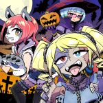  3girls ;d animal_ears animal_hands bat_(animal) blonde_hair blue_eyes blue_hair bob_cut bright_pupils cape chain collarbone facepaint fake_animal_ears fangs full_moon fur-trimmed_vest fur_trim glasses gloves graveyard hair_ornament halloween halloween_costume hands_up hat heterochromia high_collar hinoko_(sunafuki_tabito) jack-o&#039;-lantern laika_(sunafuki_tabito) long_hair looking_at_viewer moon multiple_girls one_eye_closed orange_eyes original patchwork_skin puffy_short_sleeves puffy_sleeves pumpkin purple_gloves red_eyes red_hair reina_(sunafuki_tabito) short_sleeves shorts sleeveless sleeveless_jacket smile stitched_face stitches sunafuki_tabito thick_eyebrows tinted_eyewear tombstone tongue tongue_out torn_clothes twintails vest werewolf witch witch_hat zombie 