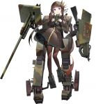 ash_arms belt bion_(marfusha) breasts brown_hair camera camouflage canno full_body hair_ornament hairclip hime_cut light_frown long_hair marfusha mecha_musume official_art pantyhose ponytail purple_eyes shoes small_breasts transparent_background uniform weapon 