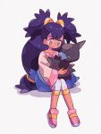  1girl big_hair black_hair blue_skin collarbone colored_skin commentary_request deino_(pokemon) eyelashes highres holding holding_pokemon invisible_chair iris_(pokemon) long_hair mgomurainu open_mouth pink_footwear pokemon pokemon_(creature) pokemon_bw purple_hair red_eyes simple_background sitting smile white_background 