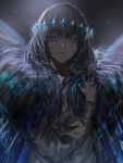 1boy arthropod_limbs bishounen black_cloak blank_stare cloak clothes_grab collared_shirt diamond_hairband dragonfly_wings expressionless fate/grand_order fate_(series) fur-trimmed_cloak fur_trim highres looking_at_viewer male_focus medium_hair miroku_(butuzo33) oberon_(third_ascension)_(fate) official_alternate_hair_color shirt solo spoilers upper_body 