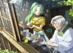  2girls absurdres breasts cabinet chopsticks closed_eyes clothes_around_waist cooking cooking_pot dappled_sunlight day faucet food grandmother_and_granddaughter green_hair green_kimono grey_hair hair_bun highres higurashi_no_naku_koro_ni holding holding_food indoors japanese_clothes kimono kitchen long_hair long_sleeves looking_at_another mixing_bowl multiple_girls nshi ohagi_(food) old old_woman open_mouth parted_bangs plant ponytail refrigerator shadow shirt short_sleeves sidelocks sink smile sonozaki_mion sonozaki_oryou sunlight surprised table tree wagashi window wooden_floor wrinkled_skin yellow_shirt 