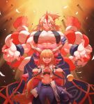  2girls abs absurdres blonde_hair breasts chain cuffs fang fingernails fist_in_hand height_difference highres horns hoshiguma_yuugi ibuki_suika large_breasts long_fingernails midriff multiple_girls muscular muscular_female oni rope sarashi shackles shimenawa single_horn smile touhou touhou_gensou_eclipse xmfqiejm 