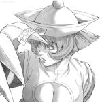  1girl blush blush_stickers breasts claw_(weapon) cleavage cleavage_cutout clothing_cutout eyelashes greyscale hair_between_eyes hat jiangshi lei_lei long_eyelashes monochrome ofuda parted_lips rejean_dubois short_hair simple_background sketch solo talisman upper_body vampire_(game) weapon white_background 
