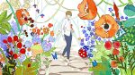  1boy barefoot blue_butterfly brown_hair bug butterfly flower grey_pants highres ladybug leaf miniboy natsuyuki_rendezvous pants senryoko shimao_atsushi shirt short_hair sketch solo standing white_shirt 