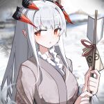  1girl :o arknights arrow_(projectile) blurry blurry_background breasts brown_eyes brown_kimono depth_of_field grey_hair hamaya highres holding holding_arrow horns japanese_clothes kimono long_hair long_sleeves medium_breasts parted_lips pointy_ears saria_(arknights) solo spam_(spamham4506) upper_body very_long_hair wide_sleeves 
