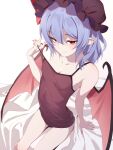  1girl asutora bare_shoulders bat_wings black_headwear blue_hair blush fingernails flat_chest hair_between_eyes hat highres looking_at_viewer mob_cap nightgown pointy_ears red_eyes remilia_scarlet seductive_smile sharp_fingernails short_hair simple_background smile solo touhou white_background wings 