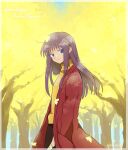  1girl autumn autumn_leaves birthday blue_eyes dated fujiwara_zakuro hands_in_pockets happy_birthday hs1122 jacket long_coat long_hair looking_at_viewer outdoors purple_hair red_jacket smile solo sweater tokyo_mew_mew tree turtleneck yellow_sweater 