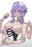  1girl bandaged_neck bandages bare_shoulders closed_mouth collarbone commentary_request completely_nude doll_joints exposed_bone expressionless extra_arms gradient_background grey_background hands_up highres holding holding_string joints looking_at_viewer no_nipples nude own_hands_together purple_eyes purple_hair ribs severed_torso short_hair_with_long_locks solo spine steepled_fingers string toriniku29 vocaloid voiceroid yuzuki_yukari 