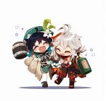  2boys beer_mug black_hair blue_hair blush bottle braid cape chibi closed_eyes cup flower genshin_impact green_headwear grey_hair hat highres holding holding_bottle japanese_clothes kaedehara_kazuha kiamonoii leaf_print male_focus mug multicolored_hair multiple_boys open_mouth red_hair signature simple_background streaked_hair twin_braids venti_(genshin_impact) white_background white_flower 