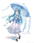  1girl 2023 absurdres ahoge alternate_costume aqua_hair blue_bow blue_bowtie blue_eyes blue_jacket blue_umbrella bow bowtie brown_footwear chinese_commentary closed_mouth coffee_cup cup dated disposable_cup dress frilled_shirt_collar frills full_body hair_bow hair_ornament hairclip hatsune_miku highres holding holding_cup jacket loafers long_hair looking_at_viewer mie_haha shadow shoes signature socks solo standing tachi-e twintails umbrella vocaloid weibo_logo weibo_username white_bow white_dress white_socks wide_sleeves 