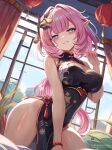  1girl bare_arms bare_shoulders black_dress blue_eyes blush breasts china_dress chinese_clothes commentary dress elysia_(honkai_impact) grin hair_intakes hair_ornament highres honkai_(series) honkai_impact_3rd indoors kneeling large_breasts leonmandala long_hair looking_at_viewer pink_hair pointy_ears sleeveless sleeveless_dress smile solo thighs very_long_hair 