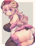  1girl animal_ears ass black_thighhighs breasts commentary_request curly_hair grey_background hair_between_eyes hat horns kuromiya kuzakura_mika large_breasts looking_at_viewer original panties pink_hair purple_eyes red_headwear sheep_girl sheep_horns solo thighhighs twitter_username underwear white_panties 