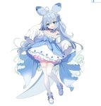  1girl antenna_hair aqua_hair bare_shoulders blue_bow blue_eyes blue_hair blue_ribbon blue_tail bow bright_pupils chillet chinese_commentary diamond_(shape) dress flower front_bow full_body hair_between_eyes hairband highres light_blue_hair long_hair long_sleeves multicolored_hair off-shoulder_dress off_shoulder palworld personification rainbowlife ribbon shoes shoulder_tattoo simple_background sleeves_past_fingers sleeves_past_wrists solo tail tattoo thighhighs two-tone_hair very_long_hair white_background white_dress white_footwear white_hairband white_pupils white_thighhighs zettai_ryouiki 