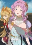  2girls bangs blonde_hair blurry blurry_background blush breasts butterfly_hair_ornament cagliostro_(granblue_fantasy) capelet closed_mouth dress forehead_jewel granblue_fantasy green_dress green_eyes hair_ornament hairband half-closed_eyes lennah long_hair looking_at_viewer medium_hair mifuta multiple_girls open_mouth outdoors purple_hair small_breasts smile solo_focus wrist_cuffs 