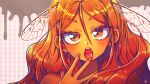  1girl blush colored_skin hair_behind_ear hair_between_eyes head_tilt head_wings highres insect_wings kuronezumi6 looking_at_viewer nude open_mouth orange_eyes orange_hair orange_skin original parted_bangs portrait solo tongue tongue_out v-shaped_eyebrows wings 