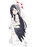  1girl black_hair black_wings blue_archive blush breasts closed_eyes dress facing_viewer feathered_wings full_body hair_ornament hairclip halo ichika_(blue_archive) kneeling long_hair medium_breasts nipples nyaru_(nyaru_4126) open_mouth red_halo simple_background solo thighhighs white_background white_dress white_thighhighs wings 