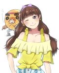  2girls amanogawa_kirara brown_hair chagataaa earrings frilled_shirt_collar frills glint go!_princess_precure hairband hand_on_own_hip head_tilt ichijou_ranko jewelry konjou_donuts-kun long_hair low-tied_long_hair mascot_costume multiple_girls off-shoulder_shirt off_shoulder one_eye_closed orange_hair precure purple_eyes purple_hairband shirt star_(symbol) star_earrings tied_shirt 