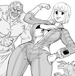  1girl absurdres bb_(baalbuddy) bodysuit breasts creature deathclaw fallout_(series) greyscale highres large_breasts looking_at_viewer medium_breasts monochrome navel pip_boy smile solo super_mutant thumbs_up vault_girl vault_suit 
