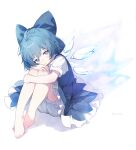  1girl artist_name barefoot bloomers blue_bow blue_dress blue_eyes blue_hair bow cirno closed_mouth collared_shirt detached_wings dress fairy full_body hair_bow highres ice ice_wings looking_at_viewer shirt short_hair short_sleeves signature siyumu solo touhou white_bloomers white_shirt wings 