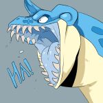 1:1 absurd_res ambiguous_gender blue_body blue_horn blue_tongue feral generation_1_pokemon grey_background headshot_portrait hi_res horn imperatorcaesar lapras mouth_shot nintendo open_mouth pokemon pokemon_(species) portrait sharp_teeth side_view simple_background solo teeth text tongue yellow_body