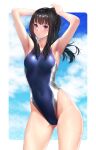  1girl armpits arms_behind_head arms_up bangs bare_shoulders black_hair blue_one-piece_swimsuit blue_sky blush breasts collarbone covered_navel highleg highleg_swimsuit highres long_hair looking_at_viewer medium_breasts one-piece_swimsuit original ponytail purple_eyes sidelocks sky solo swimsuit thighs zucchini 