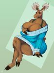 2023 anthro antlers baggy_clothing big_breasts blue_clothing blue_sweater blue_topwear blush bra_strap breasts brown_body brown_fur clothing crossed_legs deer female fur gerry_(mcdoogiy) hi_res hooves horn huge_breasts looking_at_viewer mammal moose new_world_deer overweight overweight_female signature simple_background sitting slightly_chubby slightly_chubby_female snout solo sweater tail thick_thighs topwear tugging_clothing twistedteeth twitter_handle