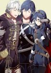  1girl 2boys ameno_(a_meno0) belt black_robe black_sweater blue_eyes blue_gloves blue_hair brown_belt chrom_(fire_emblem) closed_eyes closed_mouth father_and_daughter fingerless_gloves fire_emblem fire_emblem_awakening gloves grey_gloves hair_between_eyes hood hood_down long_hair long_sleeves lucina_(fire_emblem) multiple_boys one_eye_closed open_mouth ribbed_sweater robe robin_(fire_emblem) robin_(male)_(fire_emblem) short_hair smile sweater tearing_up teeth tiara turtleneck turtleneck_sweater upper_teeth_only white_belt white_hair 