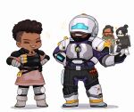  2boys 2girls ^_^ animification apex_legends armor bangalore_(apex_legends) black_gloves black_headwear black_pants black_scarf bodysuit brother_and_sister brown_jacket chibi closed_eyes dark-skinned_female dark_skin gloves goggles green_scarf hair_bun hands_on_hips jacket korean_commentary mirage_(apex_legends) multiple_boys multiple_girls namjak newcastle_(apex_legends) open_hand pants parted_lips purple_bodysuit scarf siblings smile sunglasses table white_background wraith_(apex_legends) 