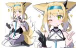  1girl :d ;) absurdres animal_ear_fluff animal_ears apron arknights bare_shoulders black_footwear black_gloves blonde_hair blue_hairband braid breasts closed_mouth fox_ears fox_girl fox_tail frilled_skirt frills gloves green_eyes hair_intakes hair_rings hairband highres kitsune lap_pillow_invitation multicolored_hair multiple_views notice_lines one_eye_closed pantyhose patting_lap purple_skirt seiza shirt shoes sidelocks simple_background single_glove sitting skirt small_breasts smile spam_(spamham4506) sparkle suzuran_(arknights) tail twin_braids two-tone_hair waist_apron white_apron white_background white_hair white_pantyhose white_shirt 