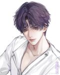  1boy absurdres bishounen buyehouhou collarbone facing_viewer highres light_smile long_sleeves looking_at_viewer love_and_deepspace male_focus pink_eyes purple_eyes purple_hair rafayel_(love_and_deepspace) shirt short_hair simple_background solo two-tone_eyes watermark weibo_username white_background white_shirt 